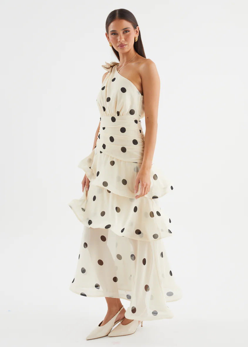 Polka Dot One-shoulder Ruffle Maxi Dress
