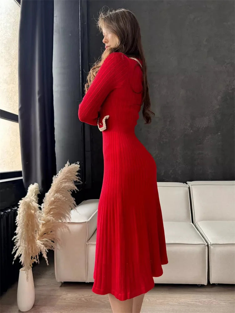 Female Long Dress Pocket Knitwear Ribbed Patchwork High Waist Commute Slim Party Dress Autumn Knit Dress