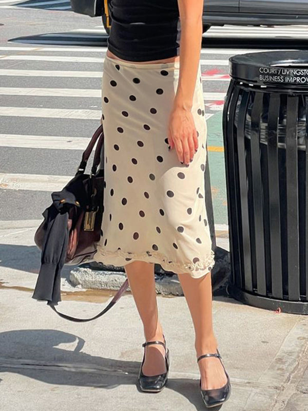 Apricot Polka Dot Fungus Edge Maxi Skirts