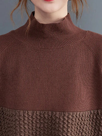 Long Sleeves Loose Split-joint Jacquard High-neck Sweater Dresses