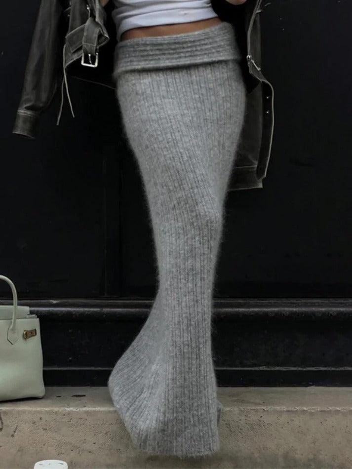 Classic Gray Turned Waist Low Rise Maxi Skirt