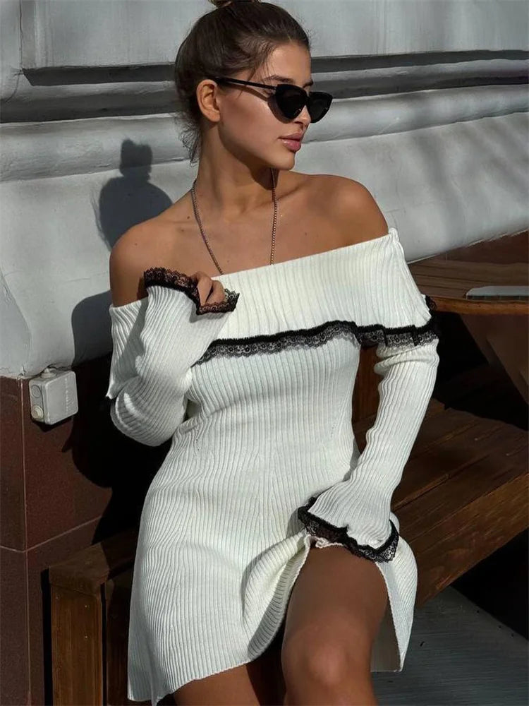 Knit Off-shoulder Sweater Mini Dress Lace Patchwork Ribbed Slim Backless Party Dress Knitwear Mini Dress