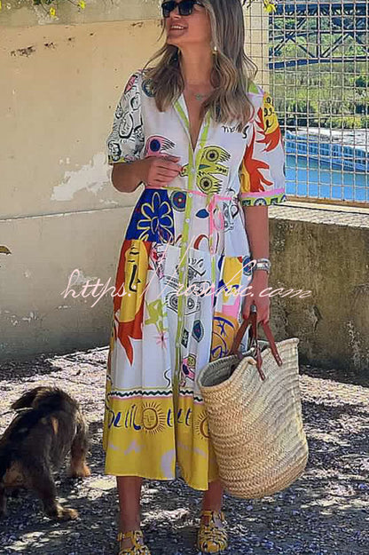 Chasing the Sun Unique Print Pocketed Shirt Midi Dress