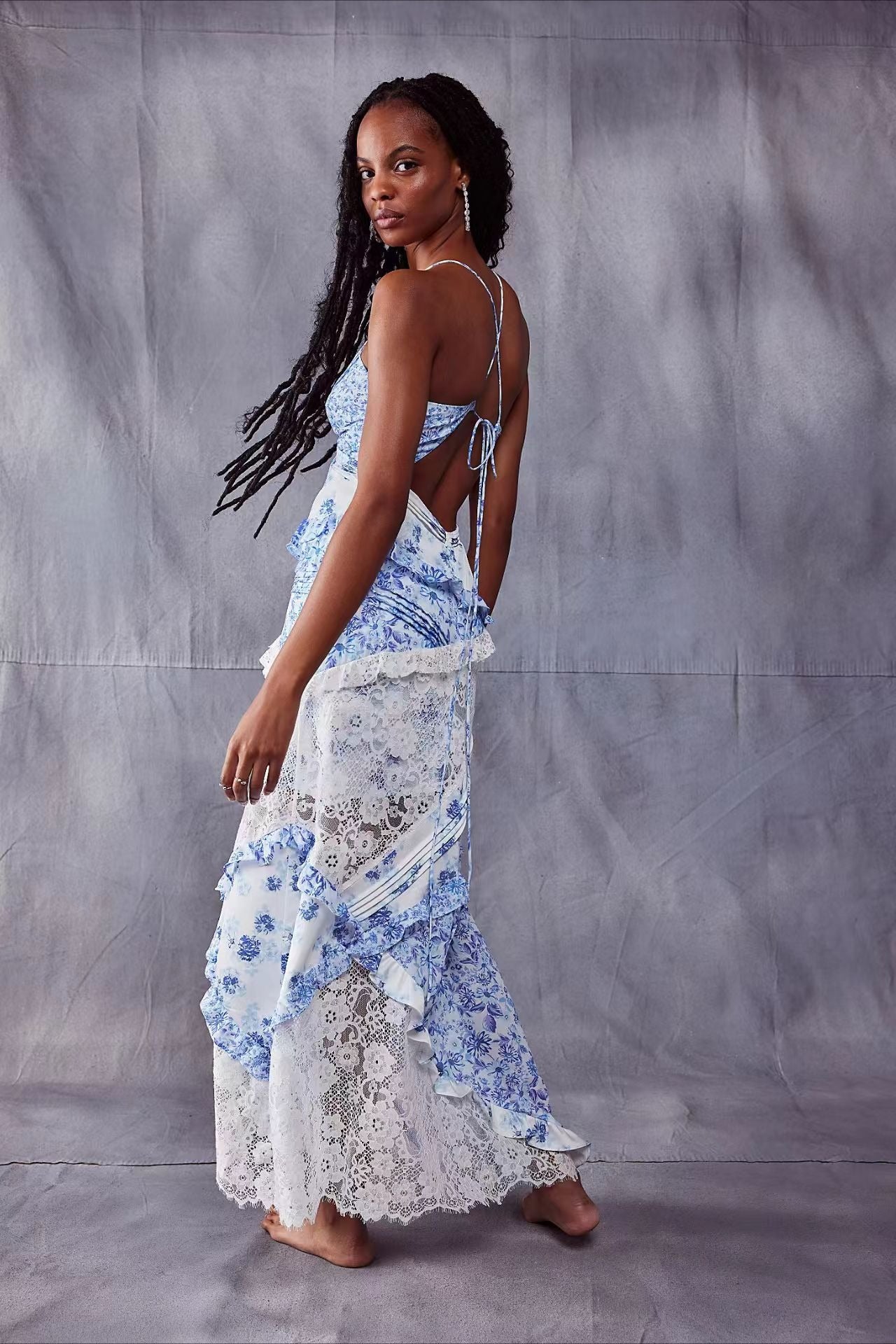 Deep V Ruffle Lace Patchwork Cami Maxi Dress