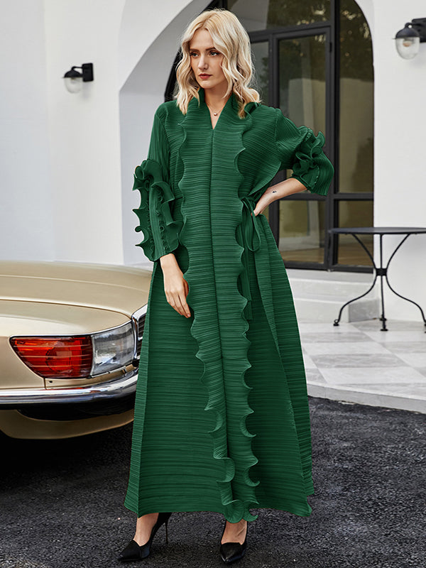 Original Loose Long Sleeves Tied Pleated Falbala Color V-neck Maxi Dresses