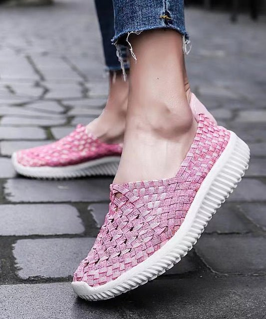 Pink Flat Shoes Knit Fabric Handmade Splicing