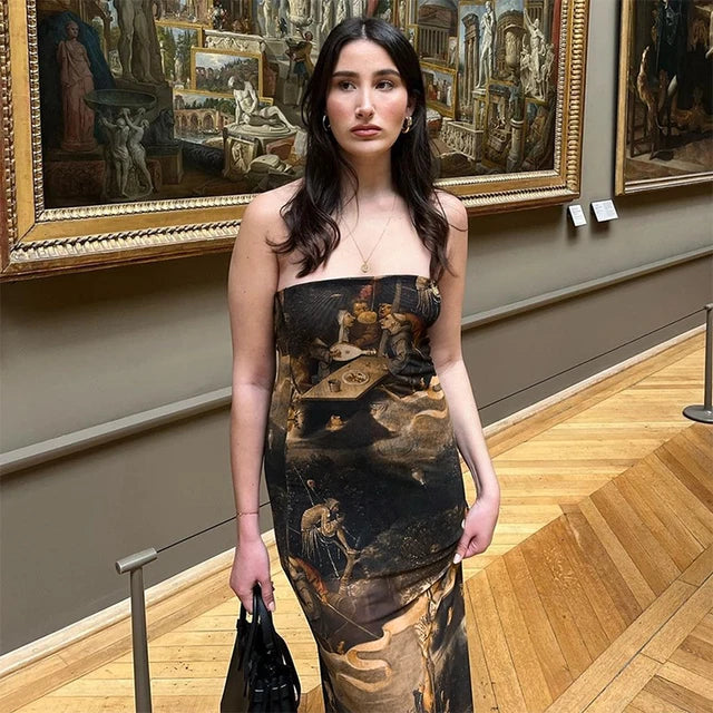 Strapless Oil Painting Printing Mesh Slim Midi Dress Female Brand Party Vestidos – Bestseller Dress