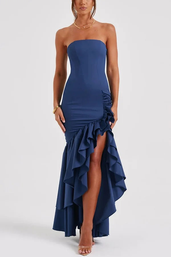 Off-shoulder Slim Fit Irregular Hem Maxi Dress