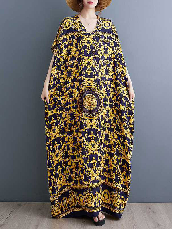 A-line Batwing Sleeves Printed V-neck Maxi Dresses
