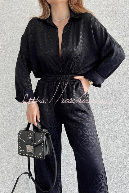 Leopard Print Jacquard Long Sleeved Shirt With Elastic Waist and Pant Two Piece Set
