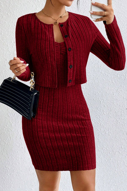 Slim Crop Cardigan Dress Two Piece Set