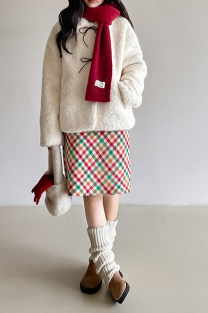 Color Block Bow Tie Fuzzy Tie-up Coat