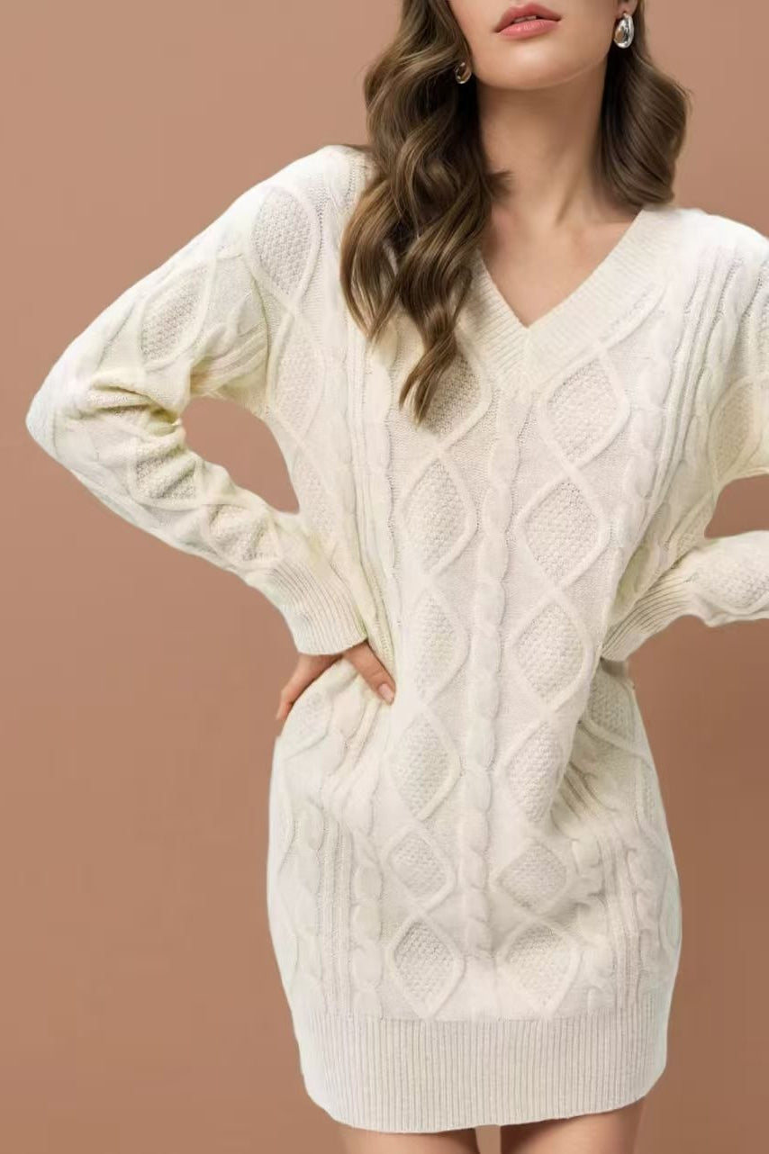 V-neck Cable Knit Sweater Dress
