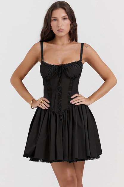 Lace Panel Spaghetti Strap Waist-cinched Mini Dress