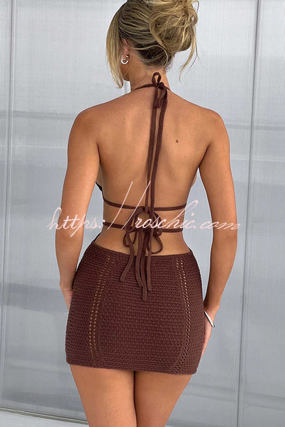 Effortlessly Cool and Knit Crochet Cutout Halter Tie-up Stretch Mini Dress