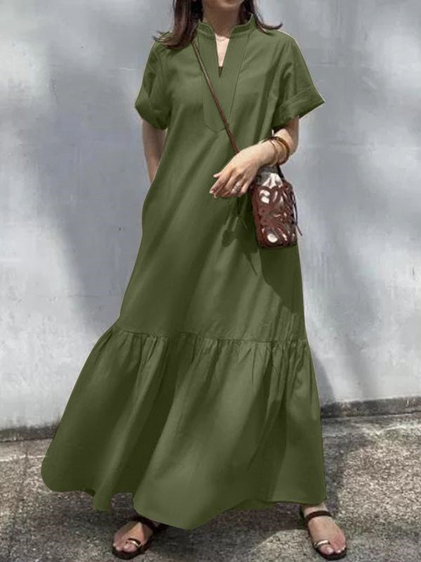 A-line Loose Color Split-joint V-neck Maxi Dresses