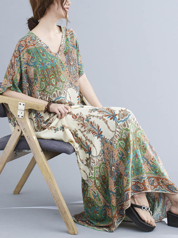 Printed V-neck Batwing Sleeves H-line Maxi Dress