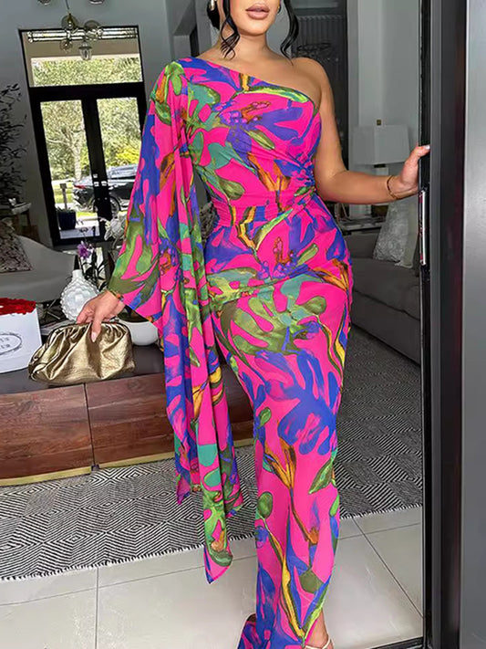 Bodycon Sleeveless Asymmetric Pleated Printed One-shoulder Maxi Dresses