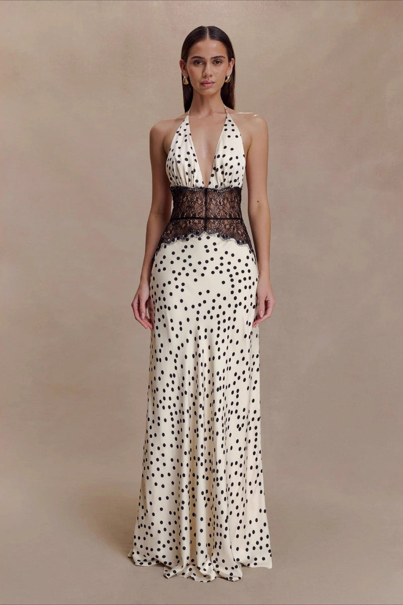 Polka Dot Lace Patchwork Deep V Backless Ruched Maxi Dress