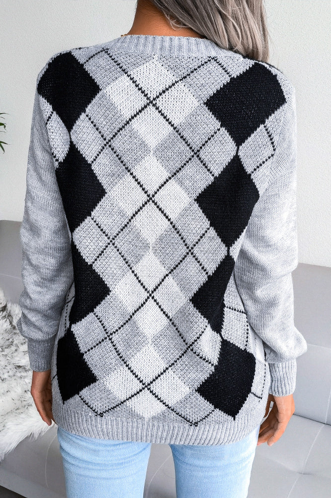 Argyle V-neck Knit Pullover Sweater