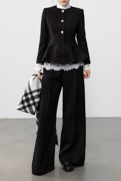 Black Pleated Waist Wool Coat