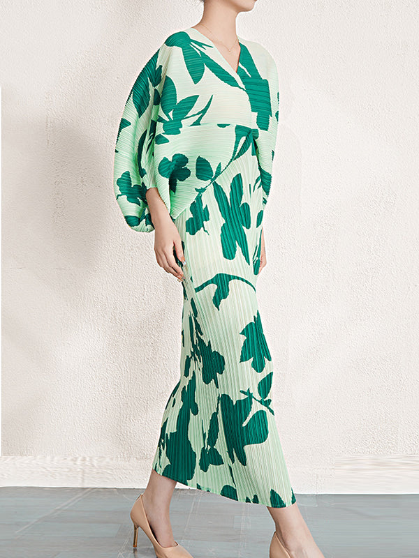 Batwing Sleeves Loose Pleated Printed V-neck Midi Dresses