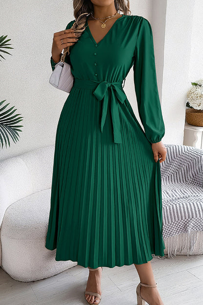 Color V-neck Buttoned Lace-up Pleated Maxi Dress