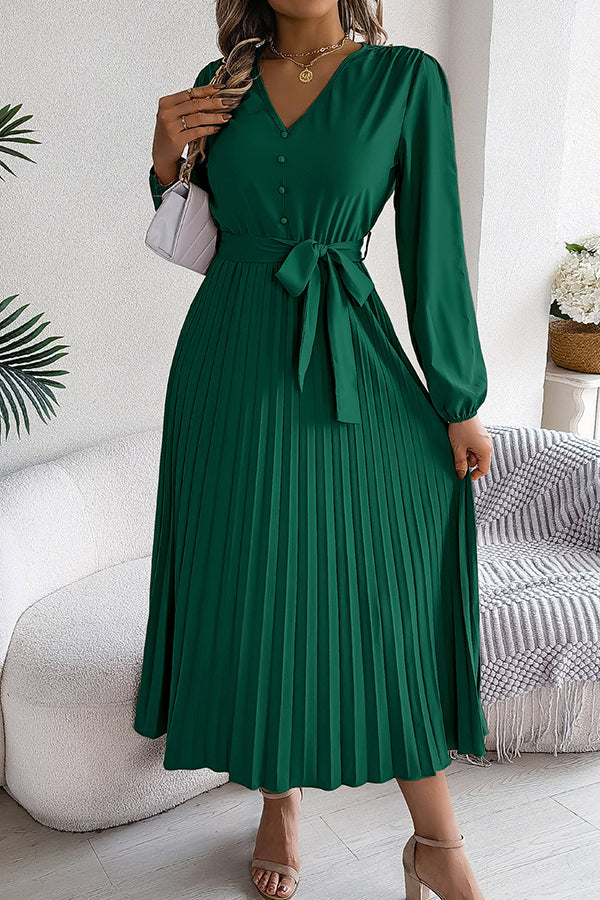 Color V-neck Buttoned Lace-up Pleated Maxi Dress