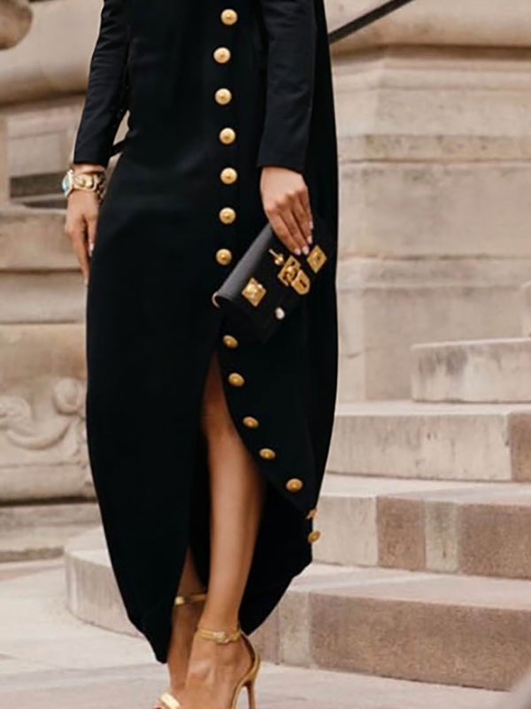Long Sleeves Loose Asymmetric Buttoned Split-joint Split-side Mock Neck Maxi Dresses