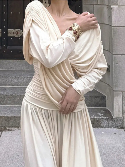 V-neck Draped Maxi Dress Long Sleeves Backless Slim Dresses New Summer Female High