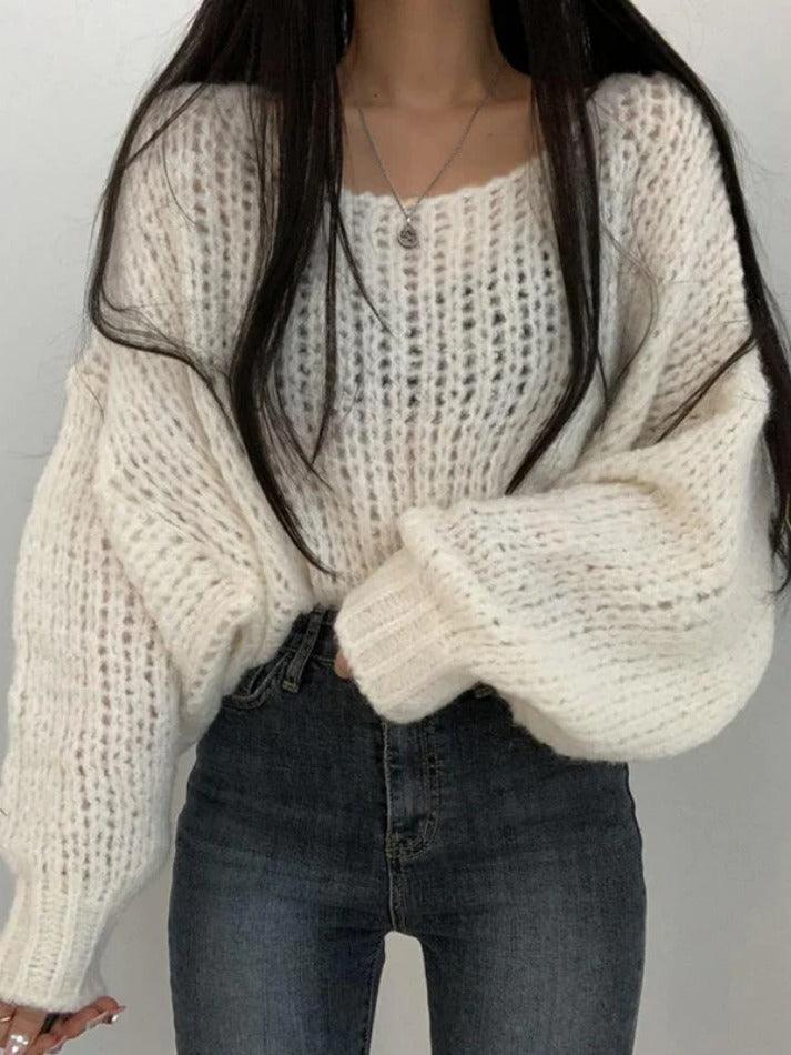 Cutout Lantern Sleeve Loose Sweater