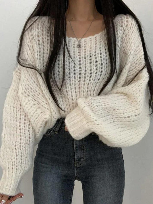 Cutout Lantern Sleeve Loose Sweater