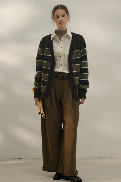 Oversized Stripe Color Block V Neck Knit Cardigan
