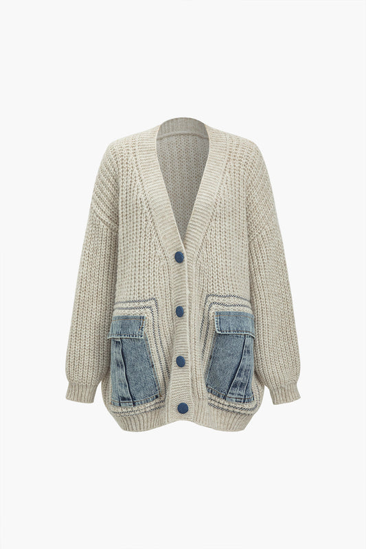 90's Color Denim Patchwork Button Pocket Sweater Cardigan