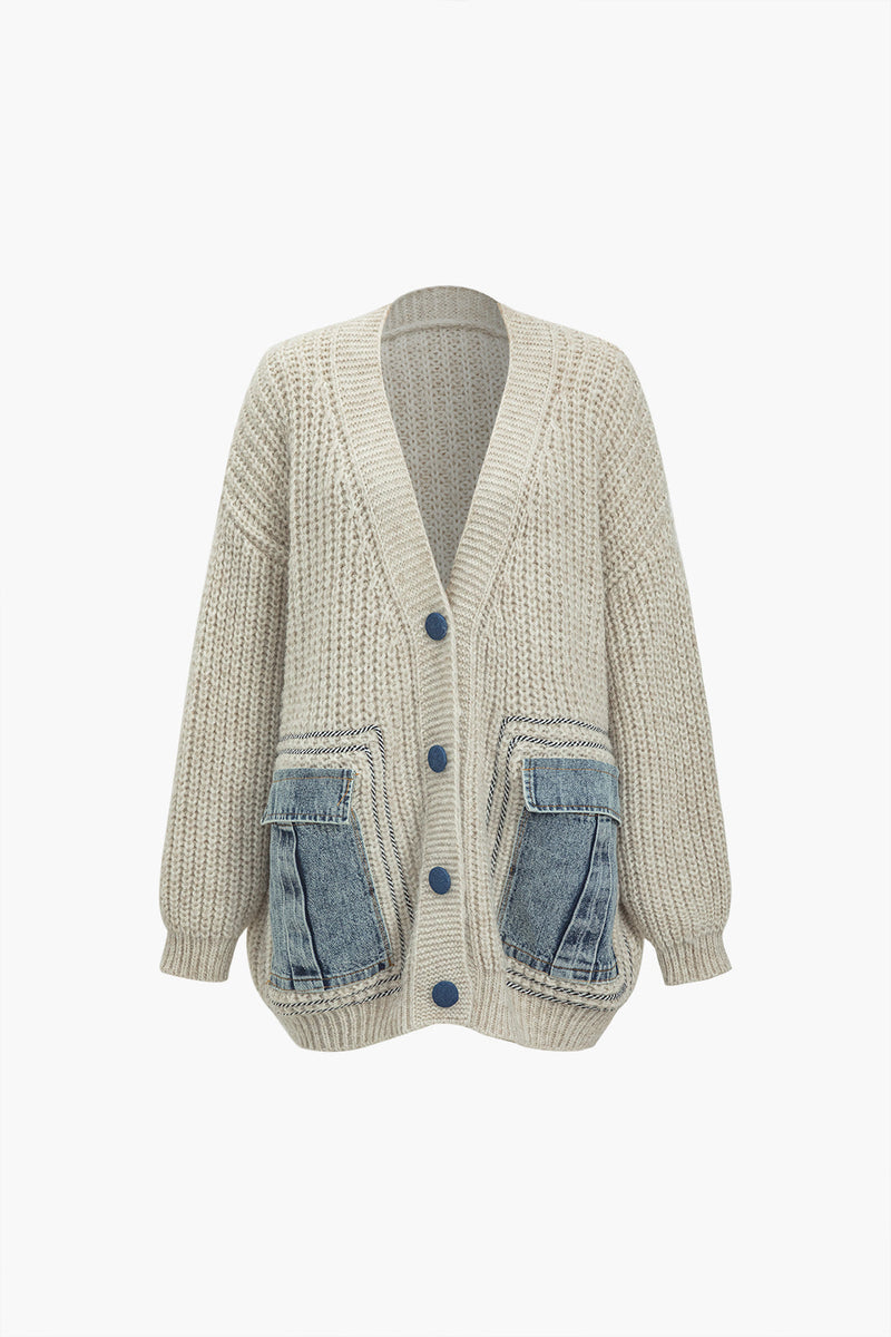 90's Color Denim Patchwork Button Pocket Sweater Cardigan