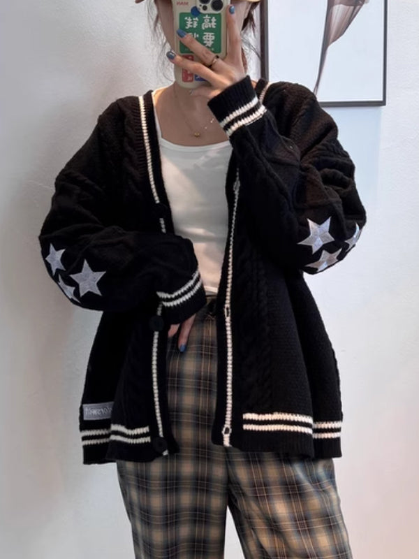 Oversized Cable Knit Cardigan With Star Embroider