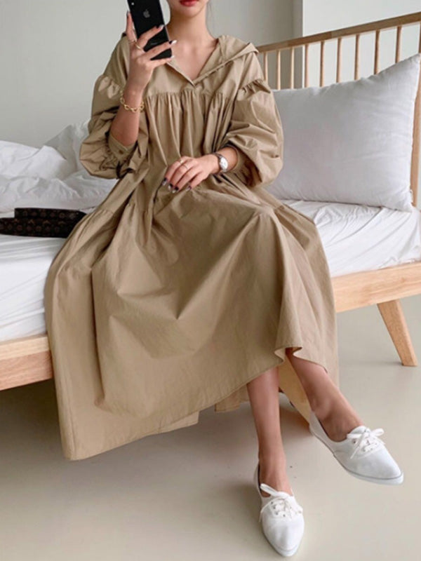 Urban Color Pleated Long Sleeves Hooded Midi Dress