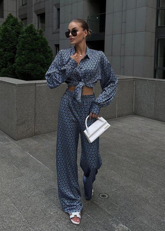 Ease - Printed Button-up Shirt and Wide-leg Pants Set