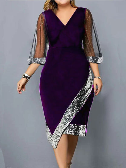 Bodycon Wrap Contrast Color Mesh Sequined Split-joint V-neck Midi Dresses