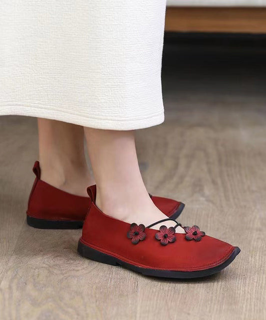 Handmade Comfy Flat Feet Shoes Red Cowhide Leather