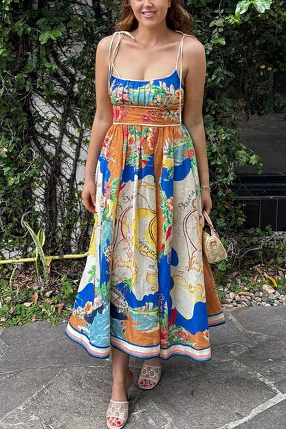 Unique Printed Lace-up Suspender Pockets Resort Style Midi Dress