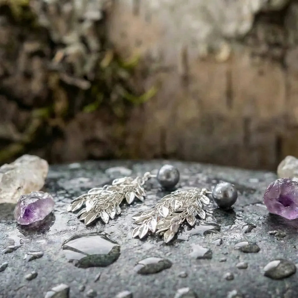 Silver Pearl Leaf Dangle Earrings
