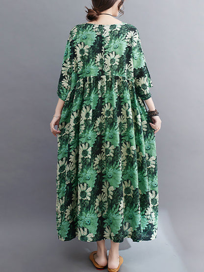 Loose Raglan Sleeve Printed Pleated Split-joint Round-neck Midi Dresses