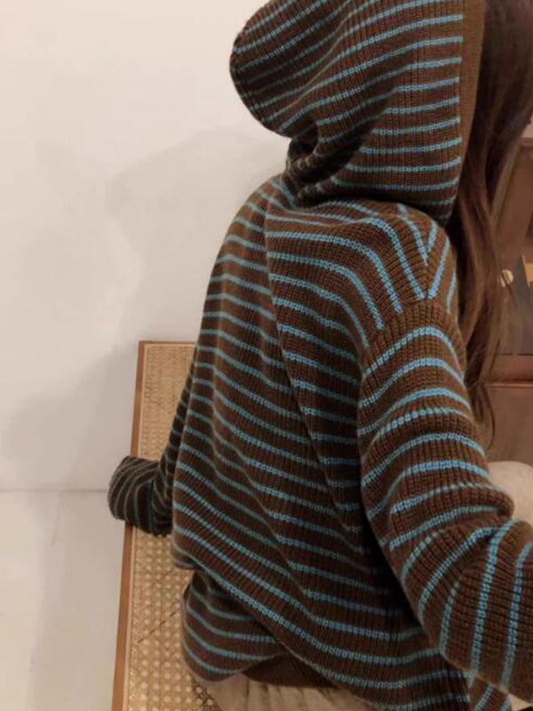 Coffee Color Hooded Stripe Lace Up Sweater