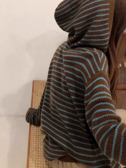 Coffee Color Hooded Stripe Lace Up Sweater