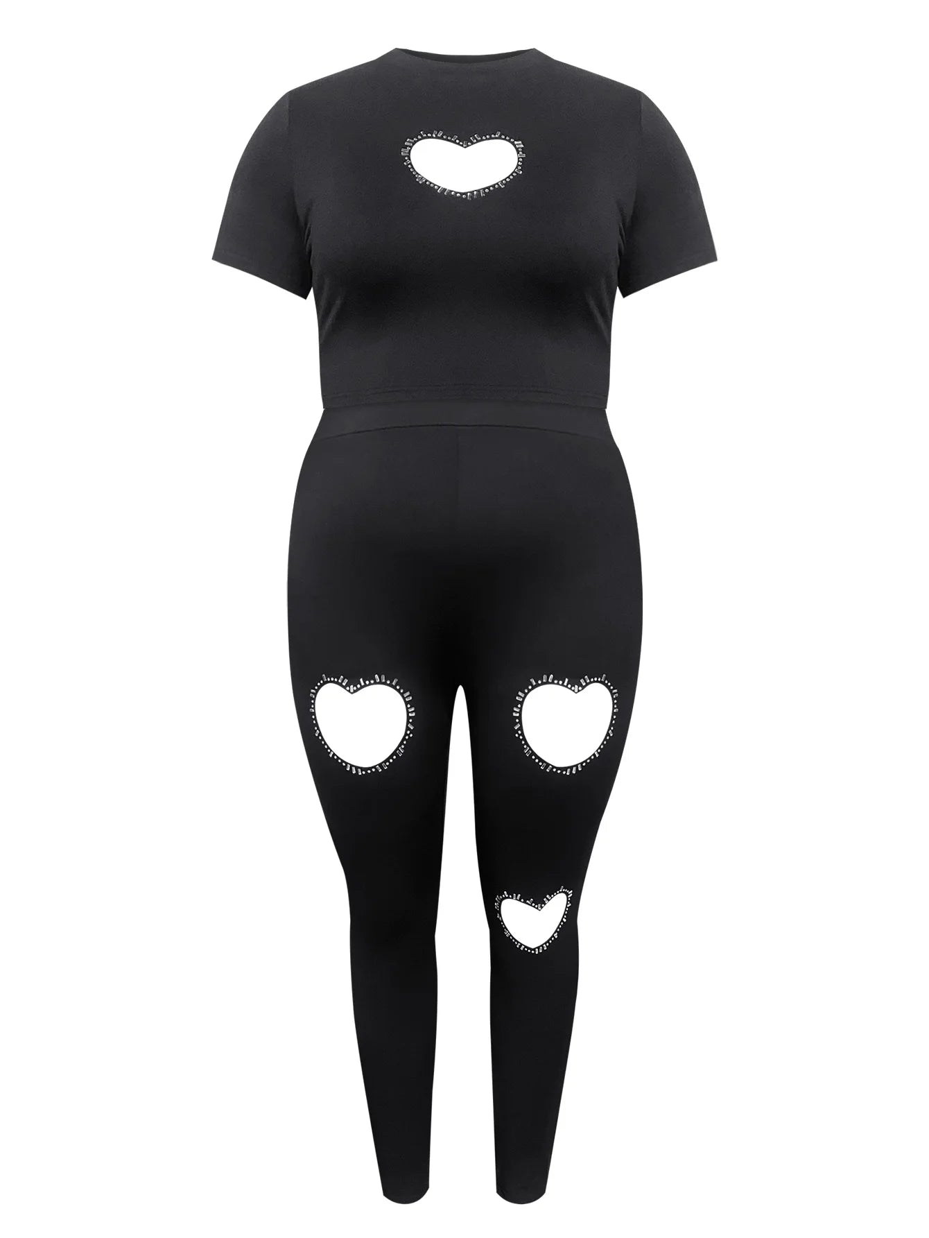 Crop Top Rhinestone Heart Decor Pants Set Skinny Two-pieces Suit Short Sleeve Top Trousers Set