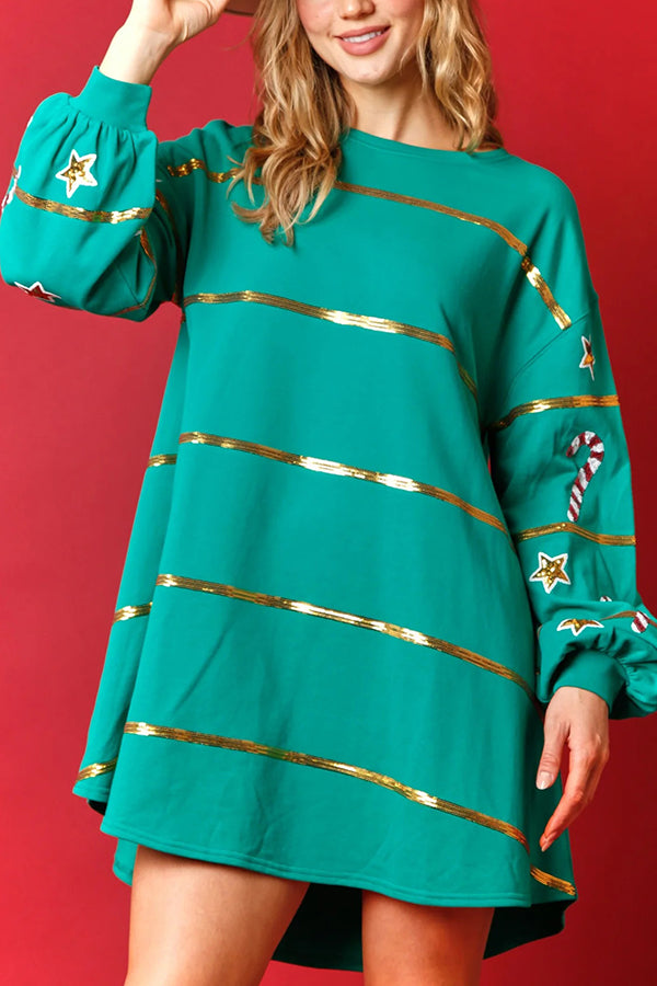 Christmas Candy Sequin Loose Long Sleeve Mini Dress
