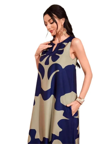 Simple Print Long Dresses Loose V-neck Style Sleeveless Dress Female Summer New Vestidos