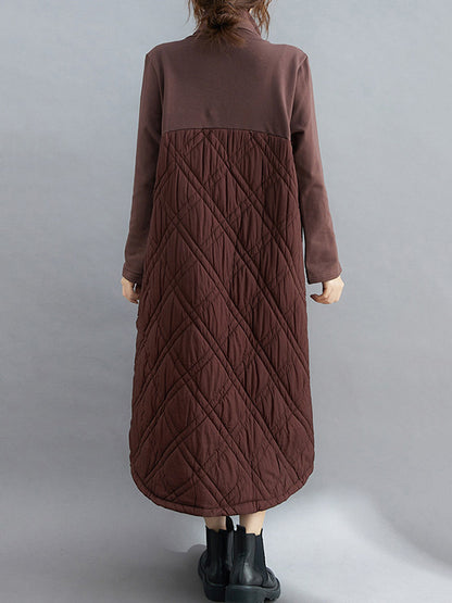 Simple Split-joint High-neck H-line Quilted Midi Dress