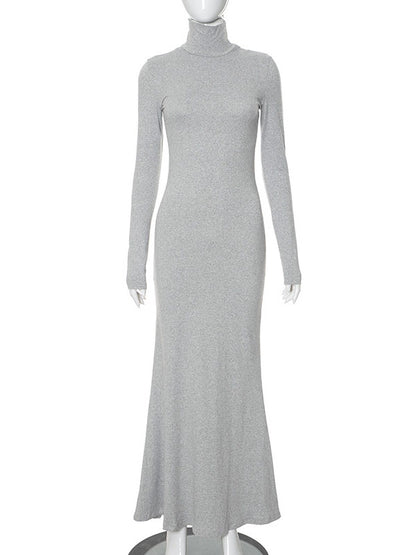 Bodycon Long Sleeves Color Split-joint High Neck Maxi Dresses